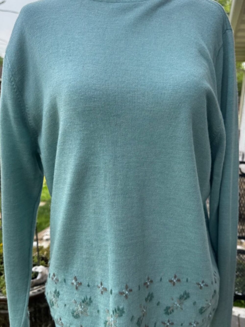 Vintage Pendleton Merino Wool Sweater Blue Embroidered Hem Mock Neck Womens L